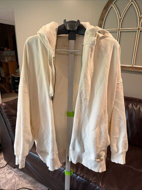 American Eagle Outfitters Cream Zip-Up Hooded Windbreaker